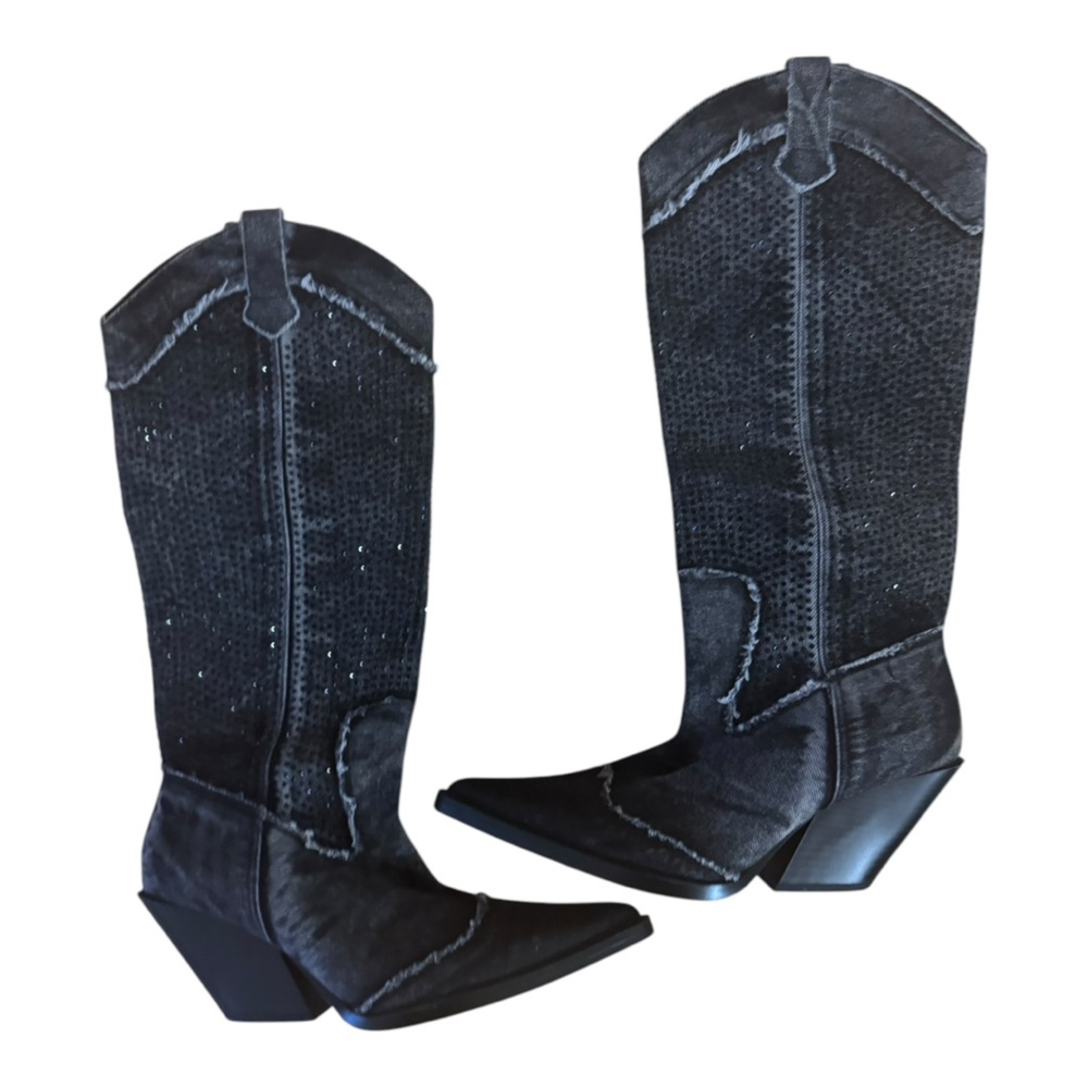 Zara Black Heeled Knee-High Western Boots - Picture 4 of 5
